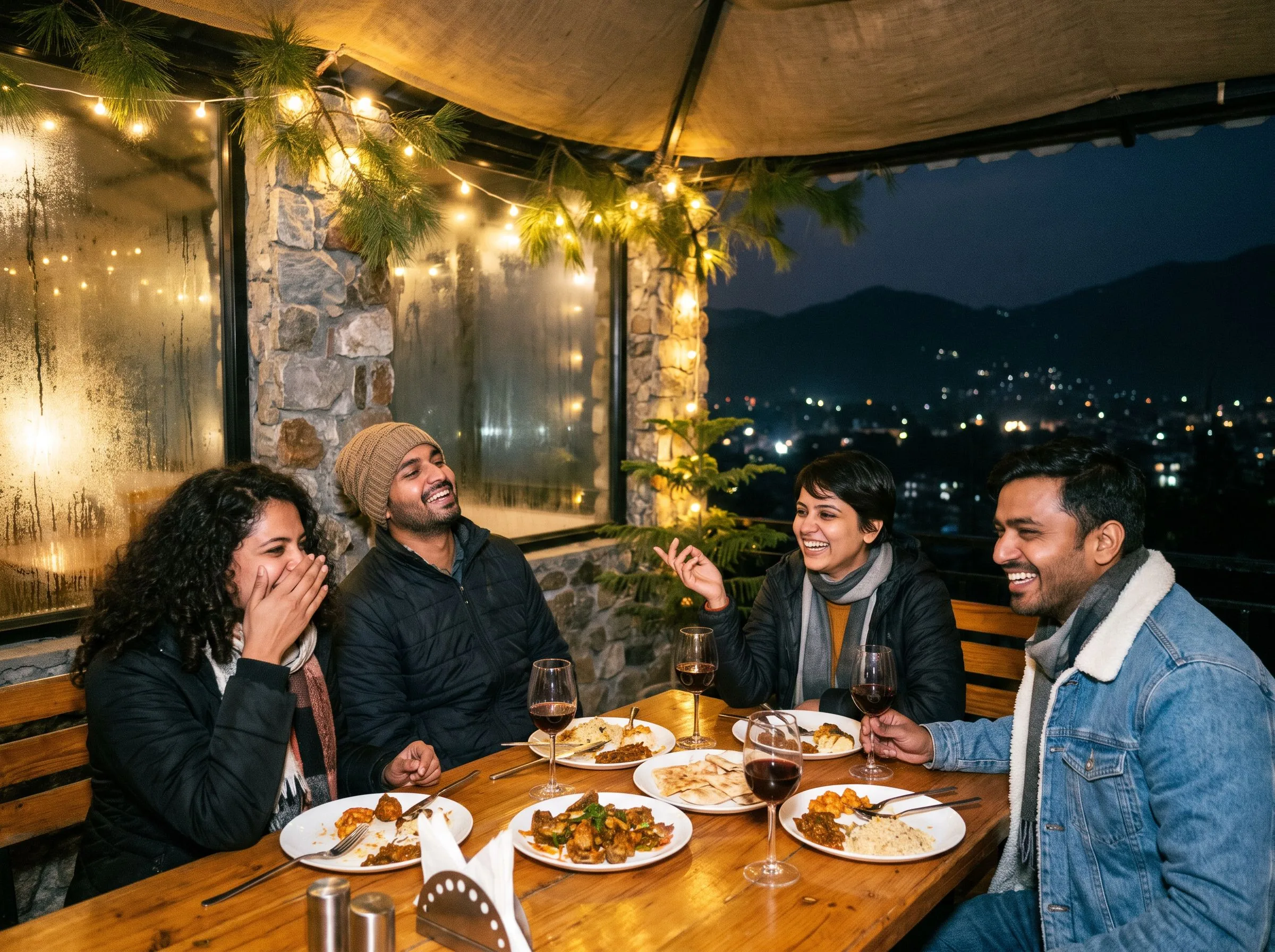 Friends mid-laugh at a rooftop
